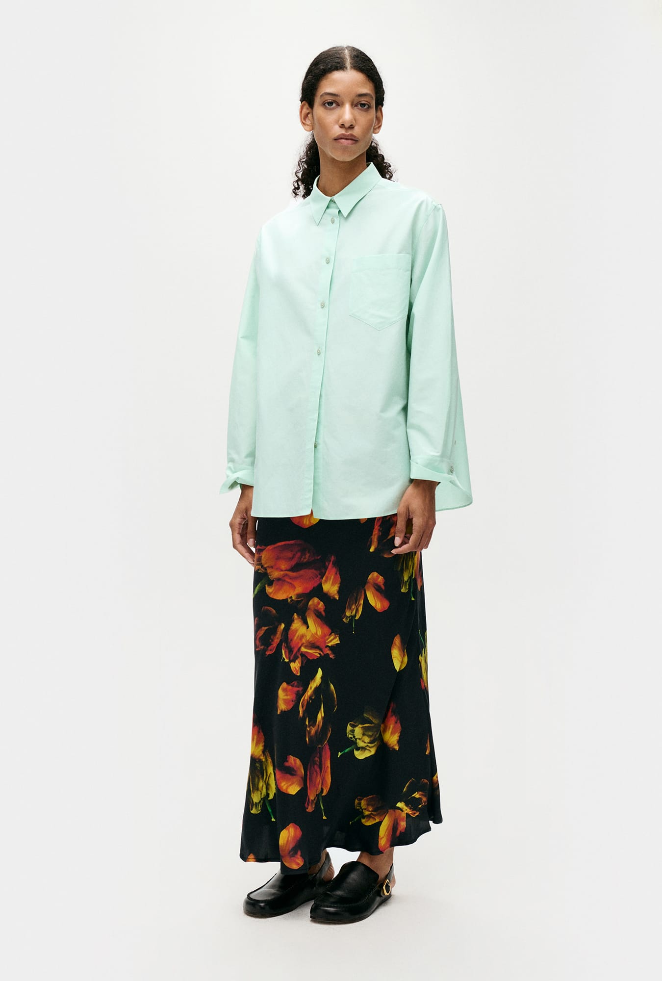 COTTON SILK PLEATED YOKE SHIRT DEW