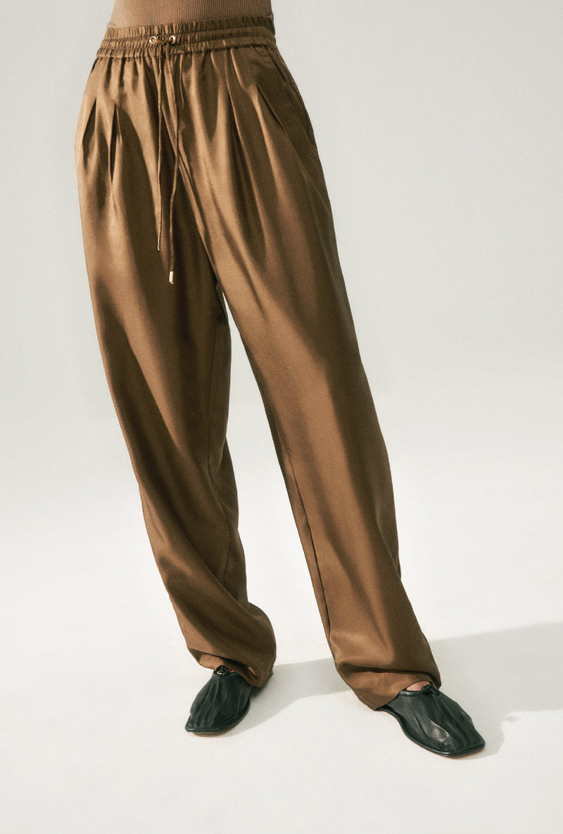 Wide-leg Twill Pants - Dark brown - Ladies